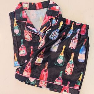 Black Satin Bottle Print Pajama Set
